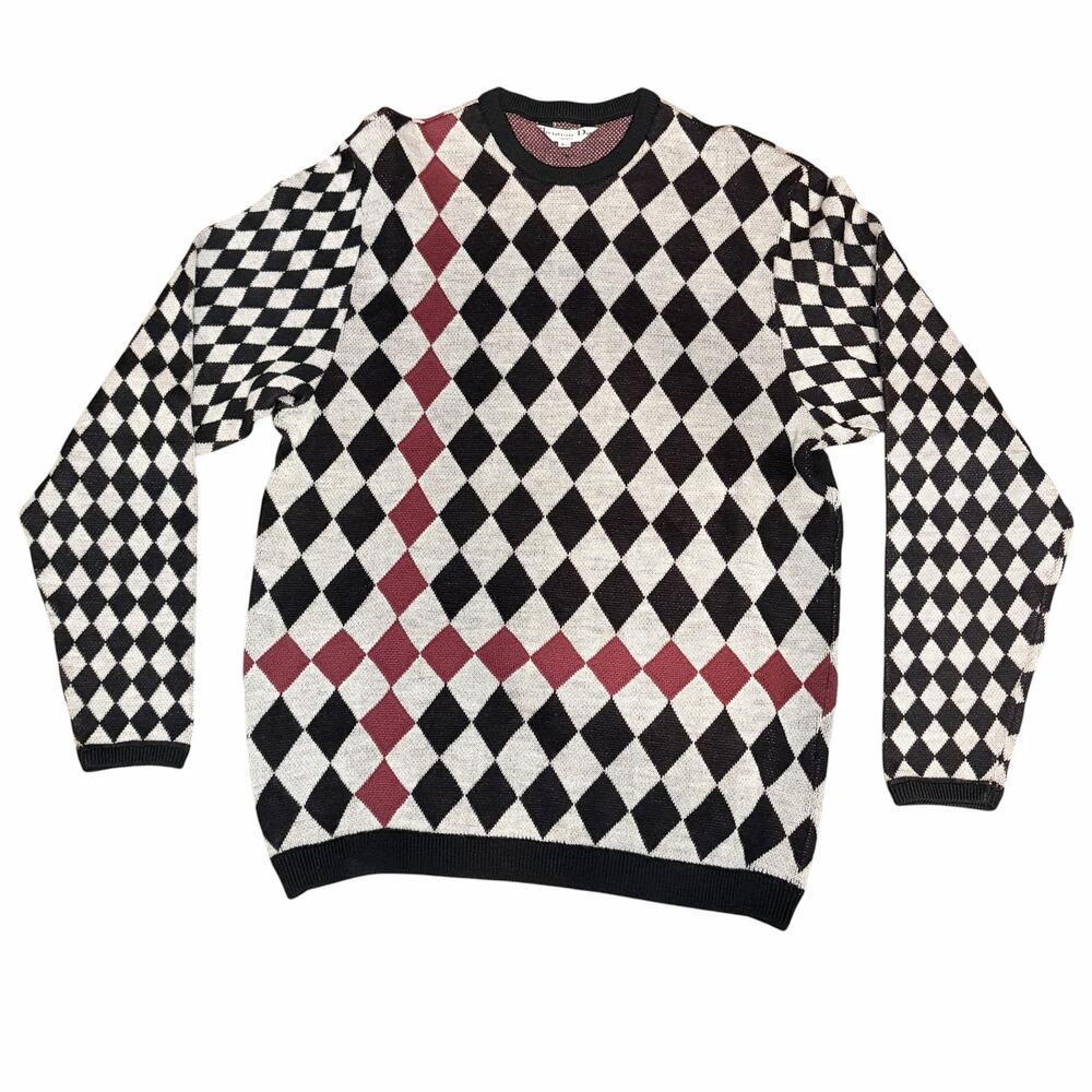 Vintage Christian Dior Sports 100% Wool Argyle Sweater Size Large